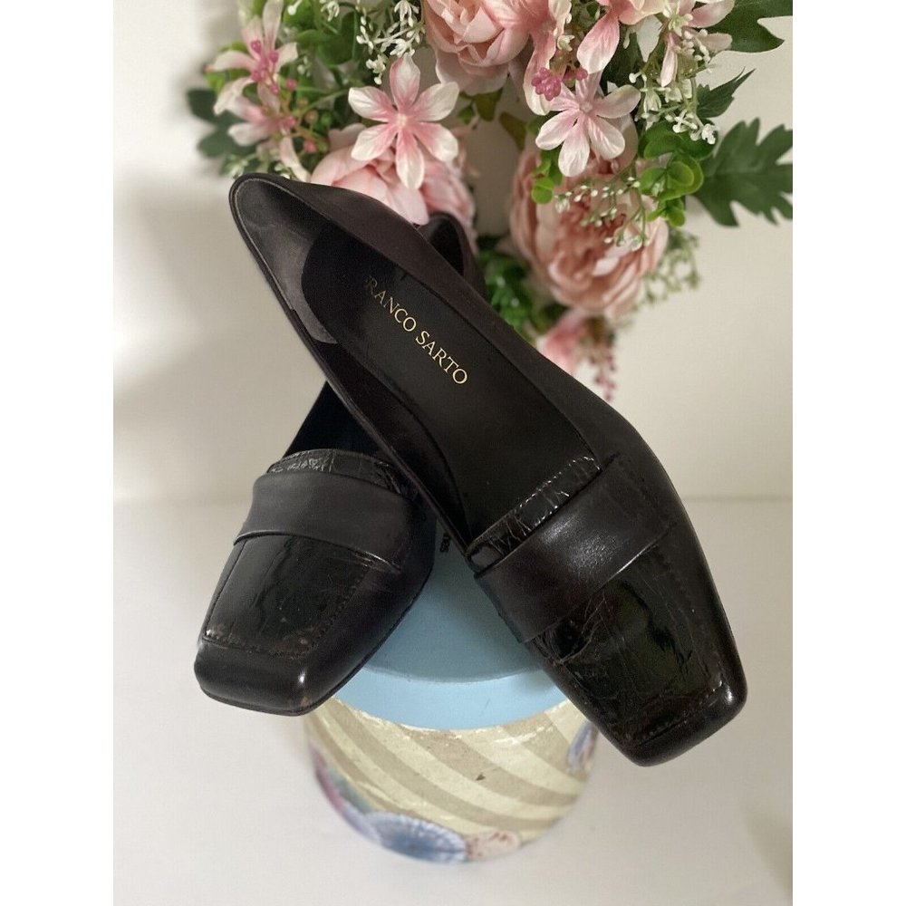 Franco Sarto Fever Dark Brown with Croc Print Leather‎ Pump Heels Women's 8M